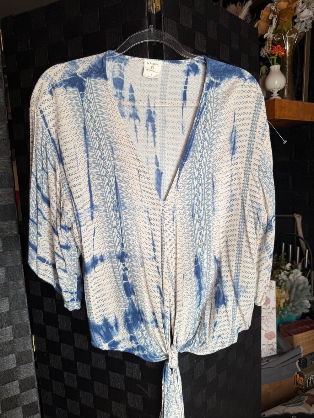 By together- Blue Tie-Dye V-Neck Tie-Front Women's Top